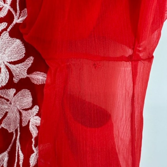 ASOS DESIGN tie back pleated sleeve mini dress in red with pink embroidery US 12 - Picture 9 of 9